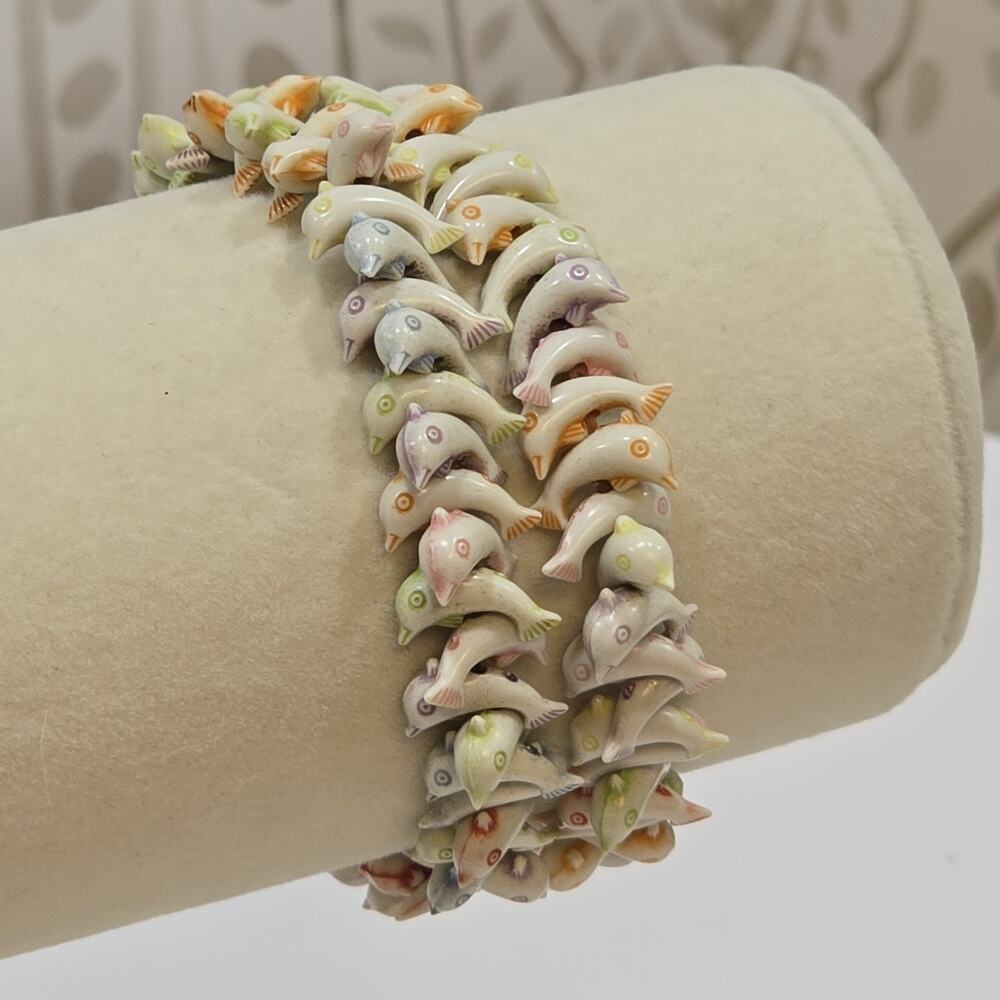 Set of 2 Stretch Colorful Playful Dolphin Beaded Bracelets Beachcore Sea Life
